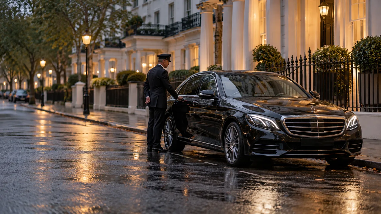 Illustrative chauffeur arrival on a London-style residential street