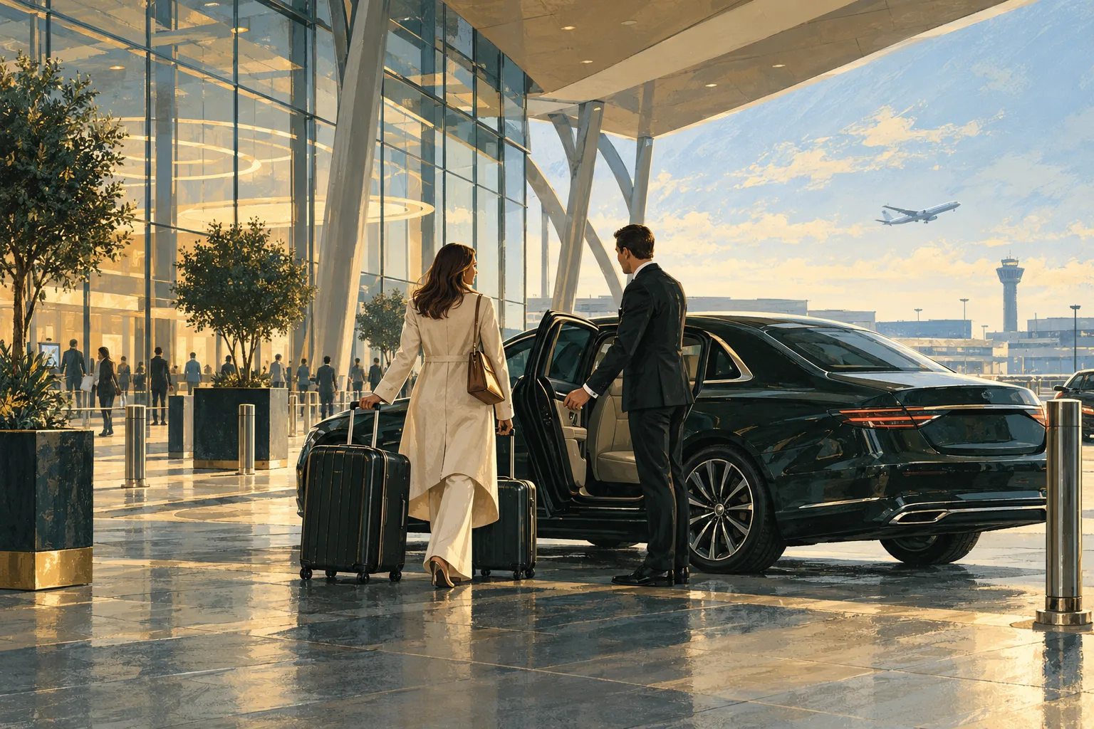 Illustration of an airport arrival with a traveller, luggage and chauffeur car