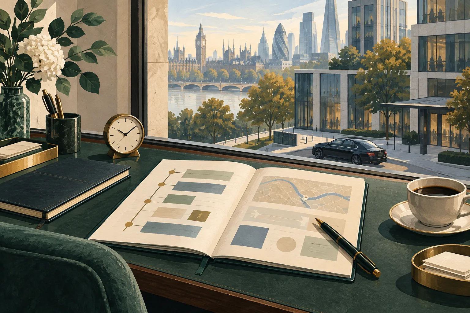 Illustration of a business travel planning desk overlooking a London-inspired cityscape