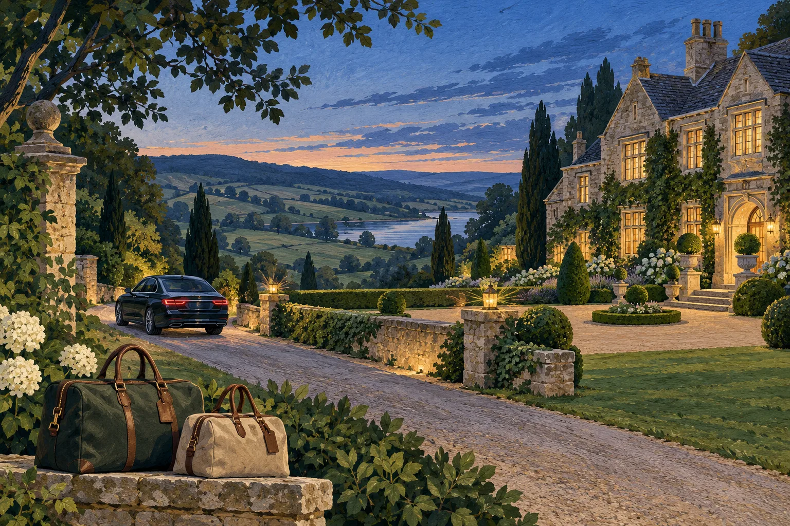 Illustration of a country-house arrival with luggage and a chauffeur car